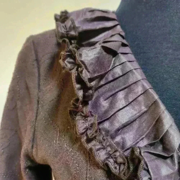NWOT Stunning Hazel Medium Warm Brown Jacket Embroidered Ruffle Pleated Trim - Picture 2 of 11